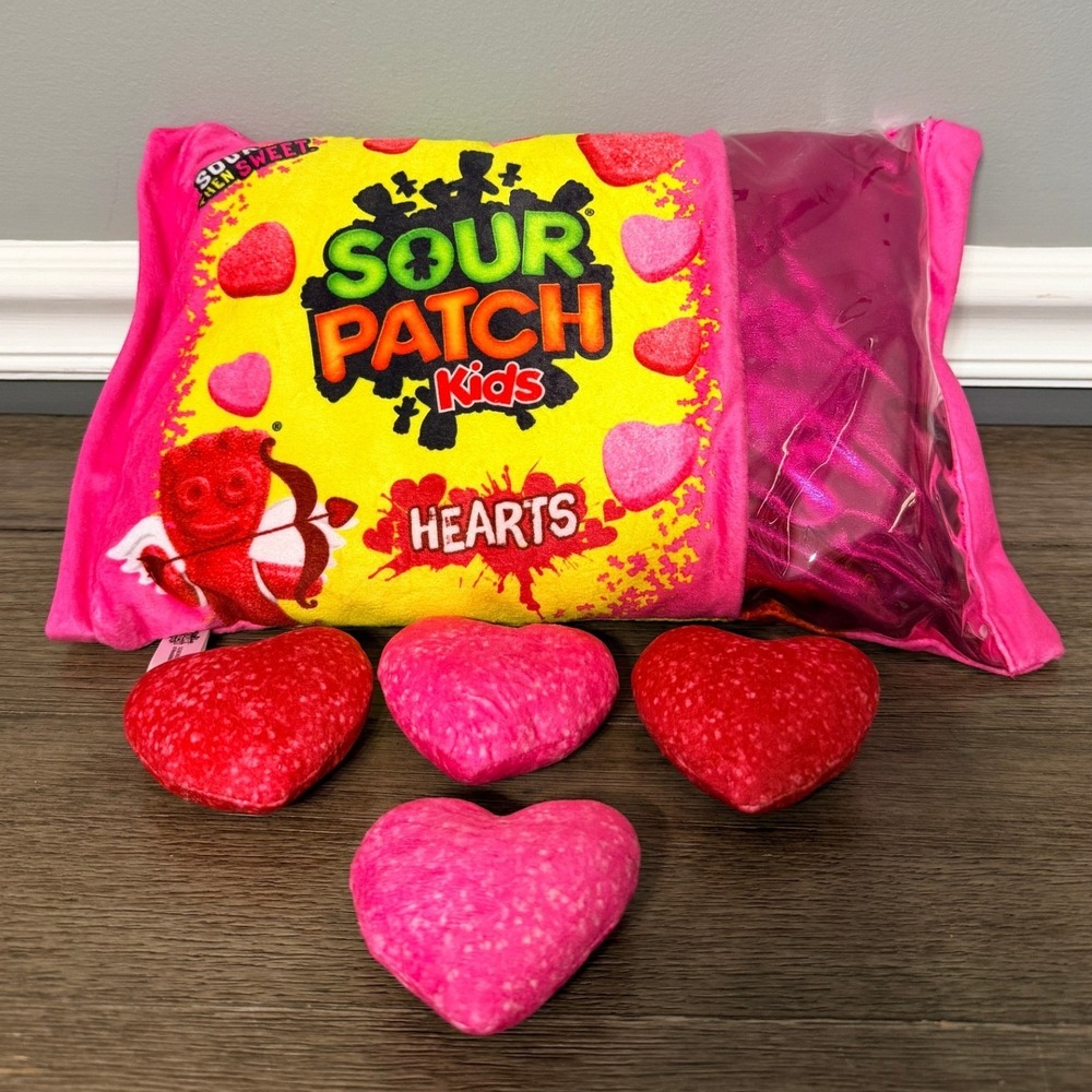 Sour Patch Kids Hearts Plush Pillow Bag‎ with 4 Removable Hearts